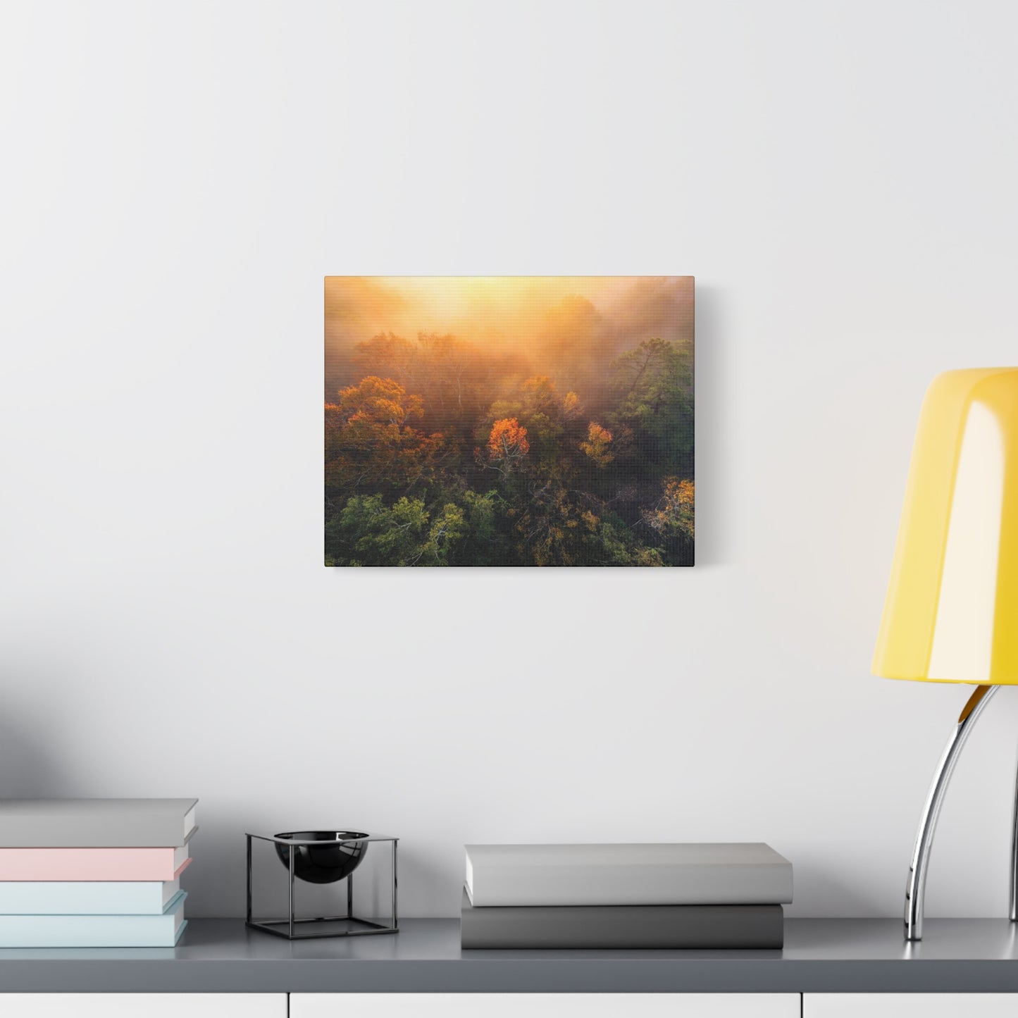 Autumn Sunrise Forest Canvas – Misty Fall Landscape Wall Art (Matte Stretched)