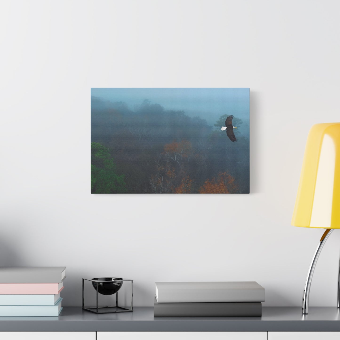 Bald Eagle Over Foggy Autumn Forest — Matte Stretched Canvas Wall Art