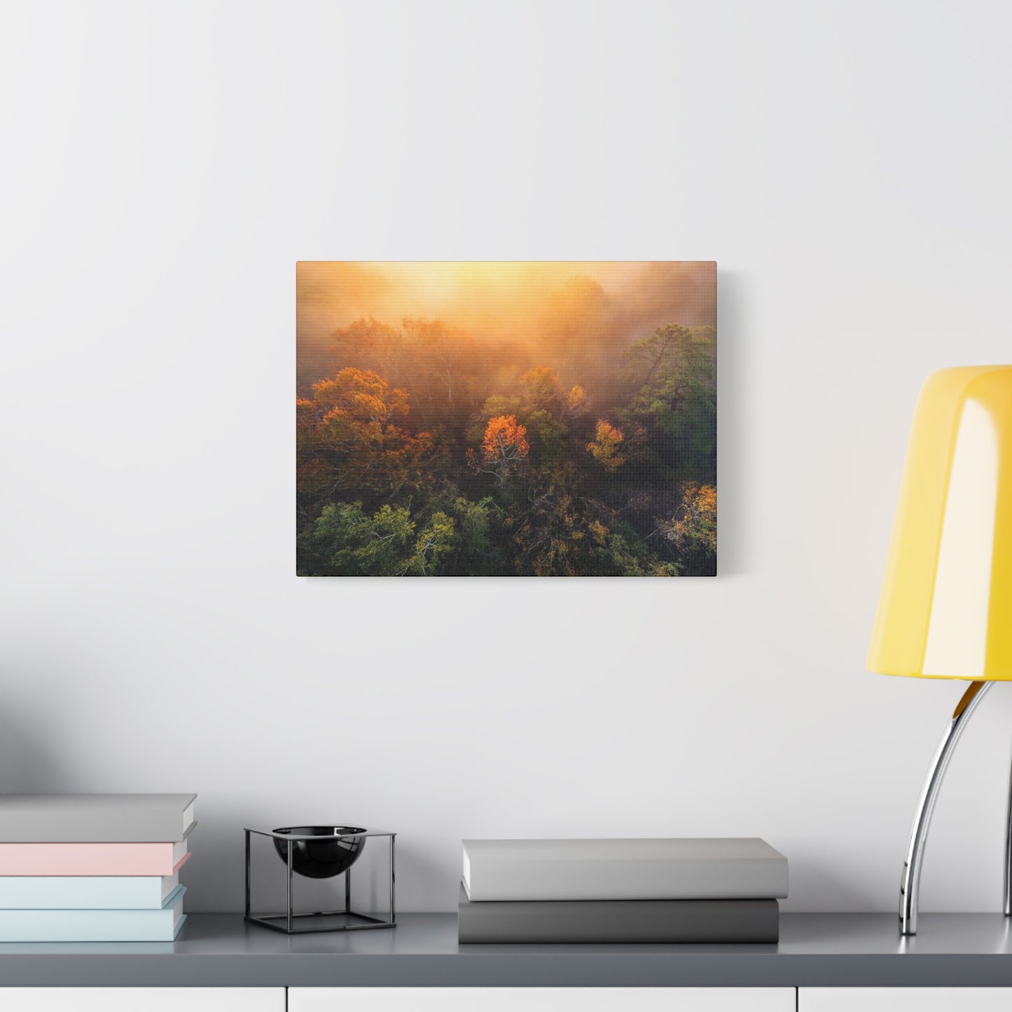 Autumn Sunrise Forest Canvas – Misty Fall Landscape Wall Art (Matte Stretched)