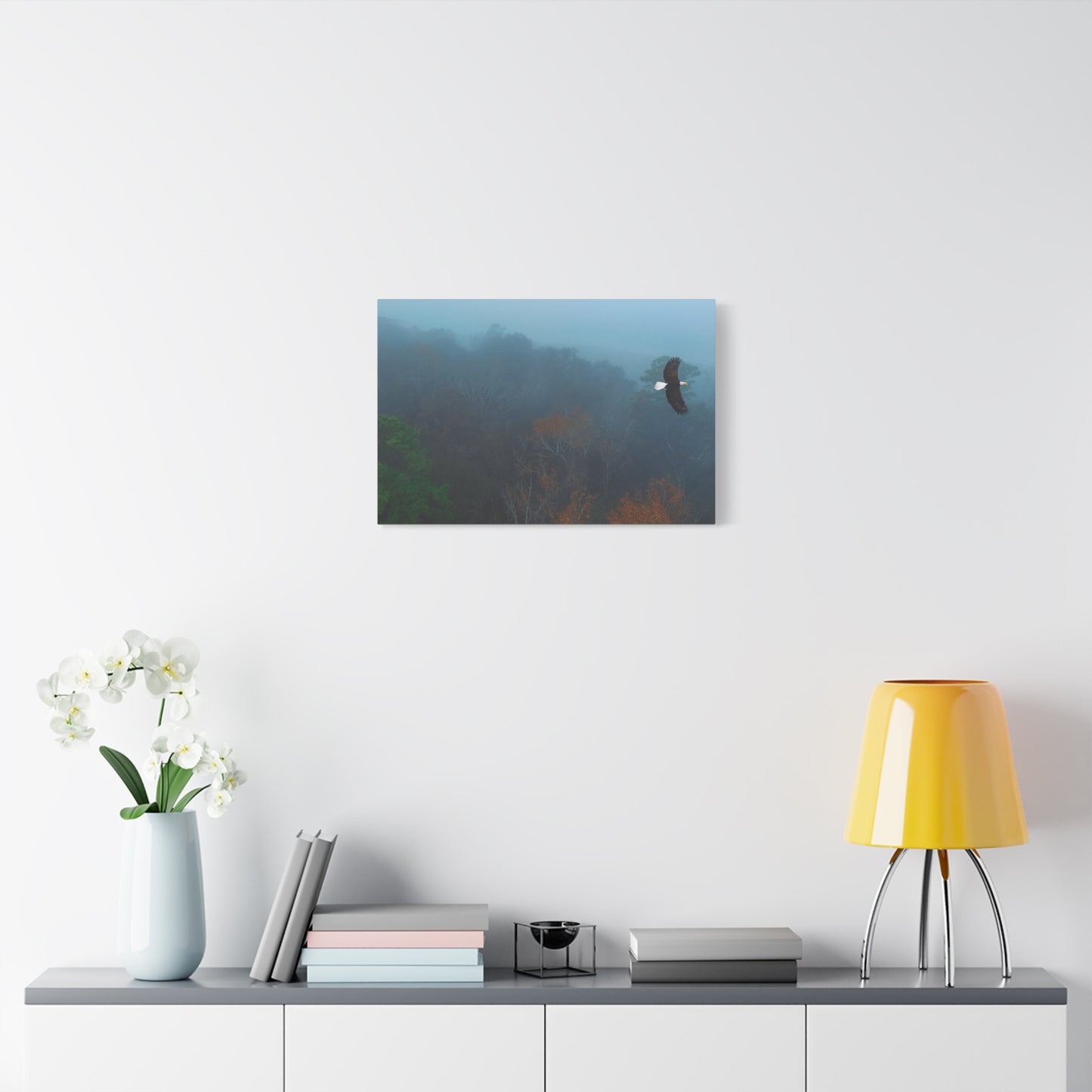 Bald Eagle Over Foggy Autumn Forest — Matte Stretched Canvas Wall Art