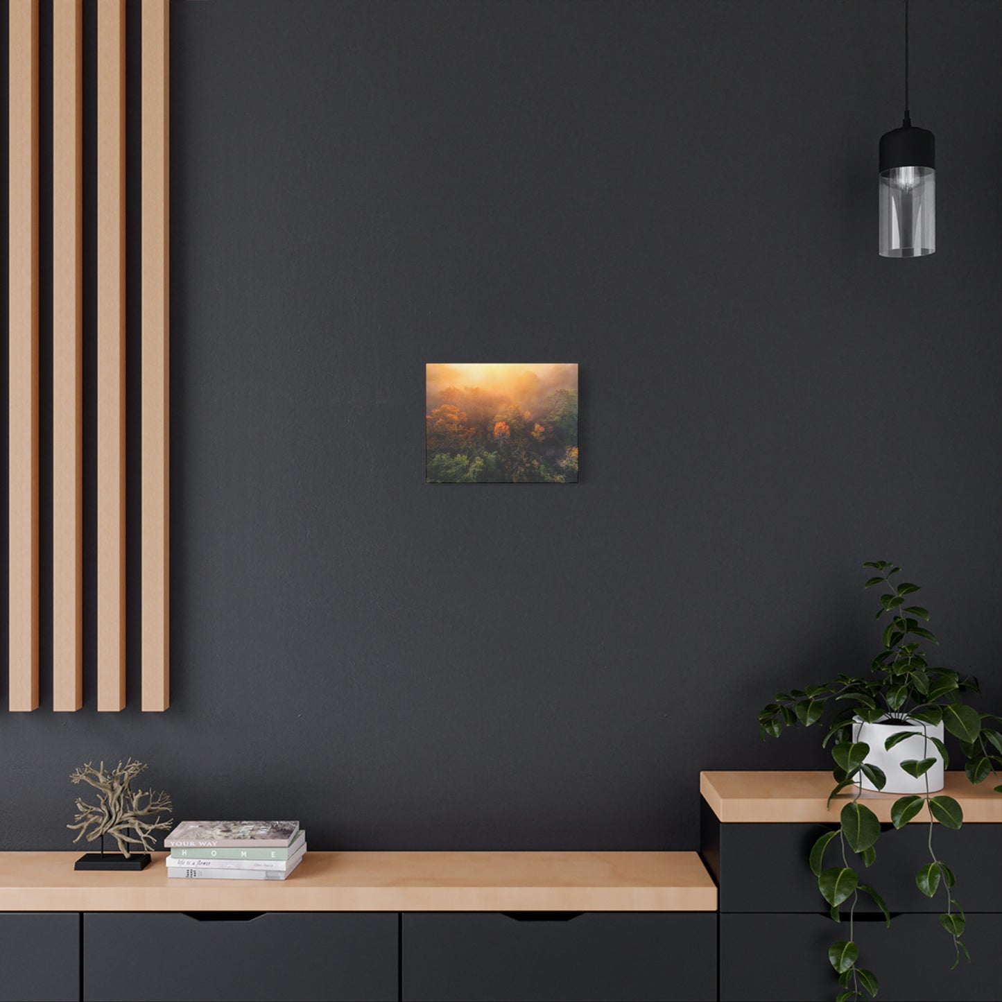 Autumn Sunrise Forest Canvas – Misty Fall Landscape Wall Art (Matte Stretched)