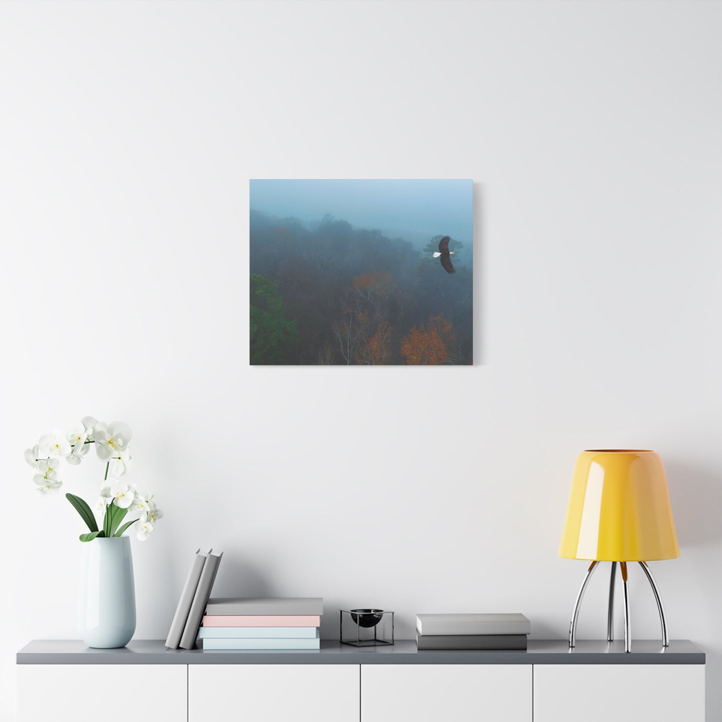 Bald Eagle Over Foggy Autumn Forest — Matte Stretched Canvas Wall Art