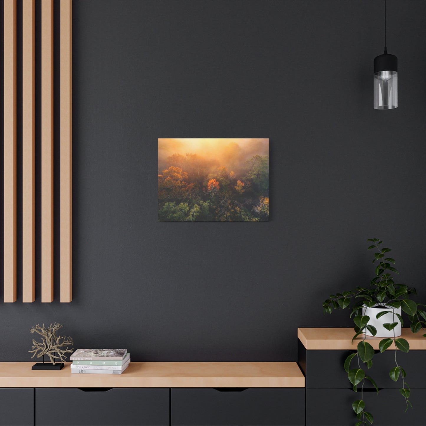 Autumn Sunrise Forest Canvas – Misty Fall Landscape Wall Art (Matte Stretched)