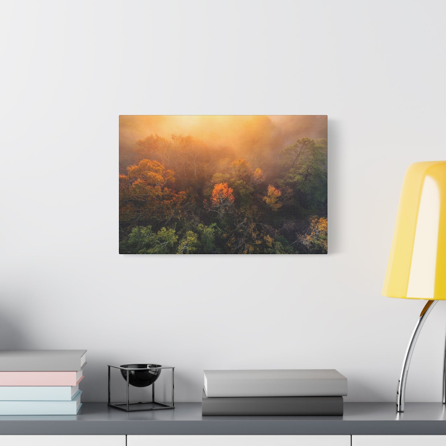 Autumn Sunrise Forest Canvas – Misty Fall Landscape Wall Art (Matte Stretched)