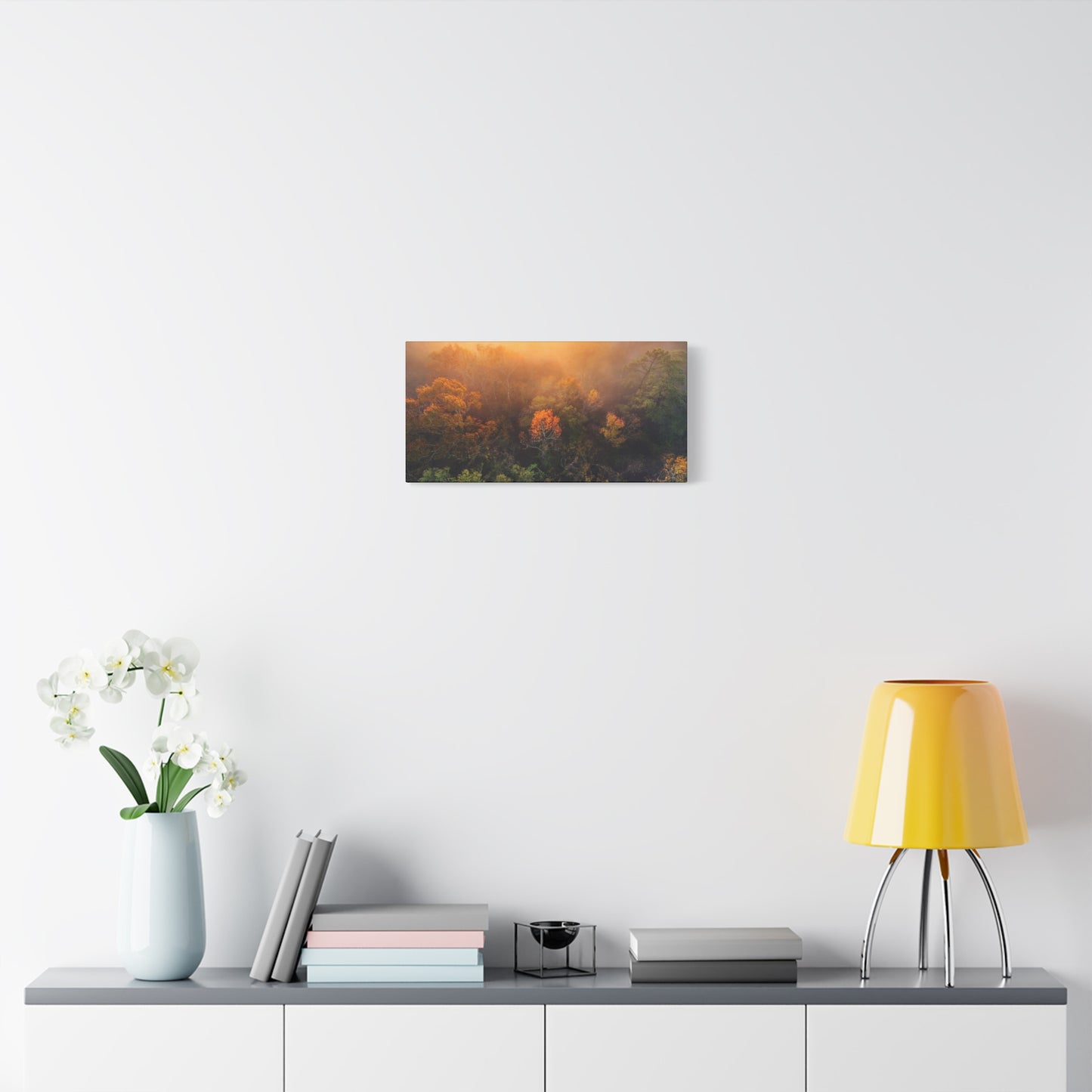 Autumn Sunrise Forest Canvas – Misty Fall Landscape Wall Art (Matte Stretched)