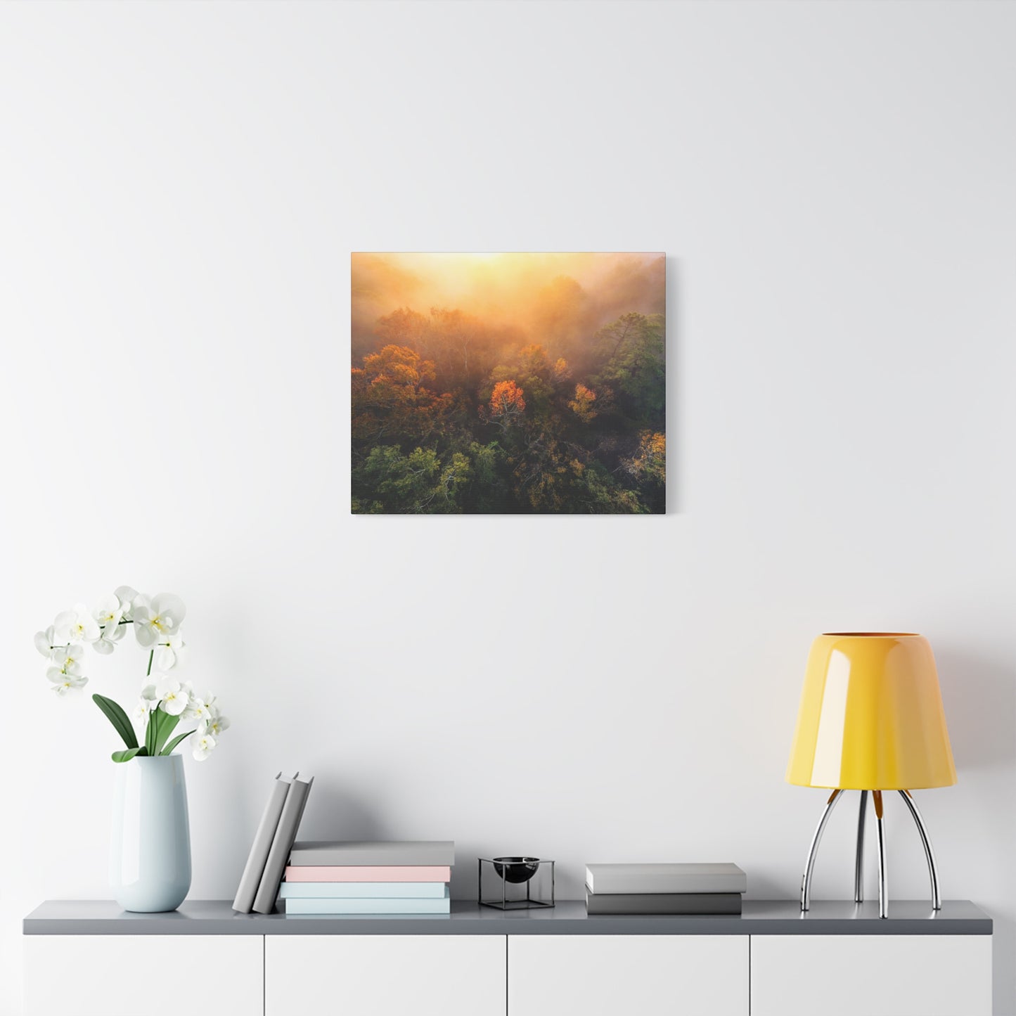 Autumn Sunrise Forest Canvas – Misty Fall Landscape Wall Art (Matte Stretched)