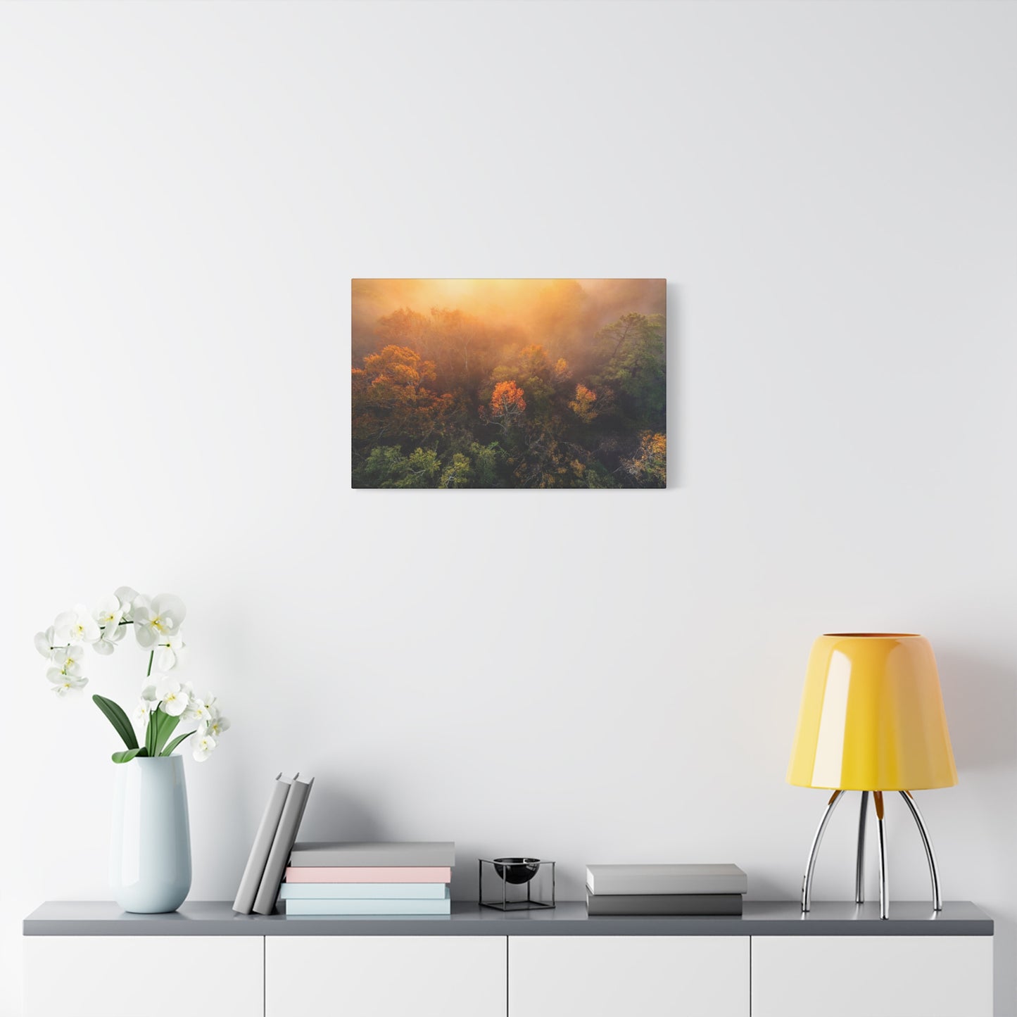 Autumn Sunrise Forest Canvas – Misty Fall Landscape Wall Art (Matte Stretched)