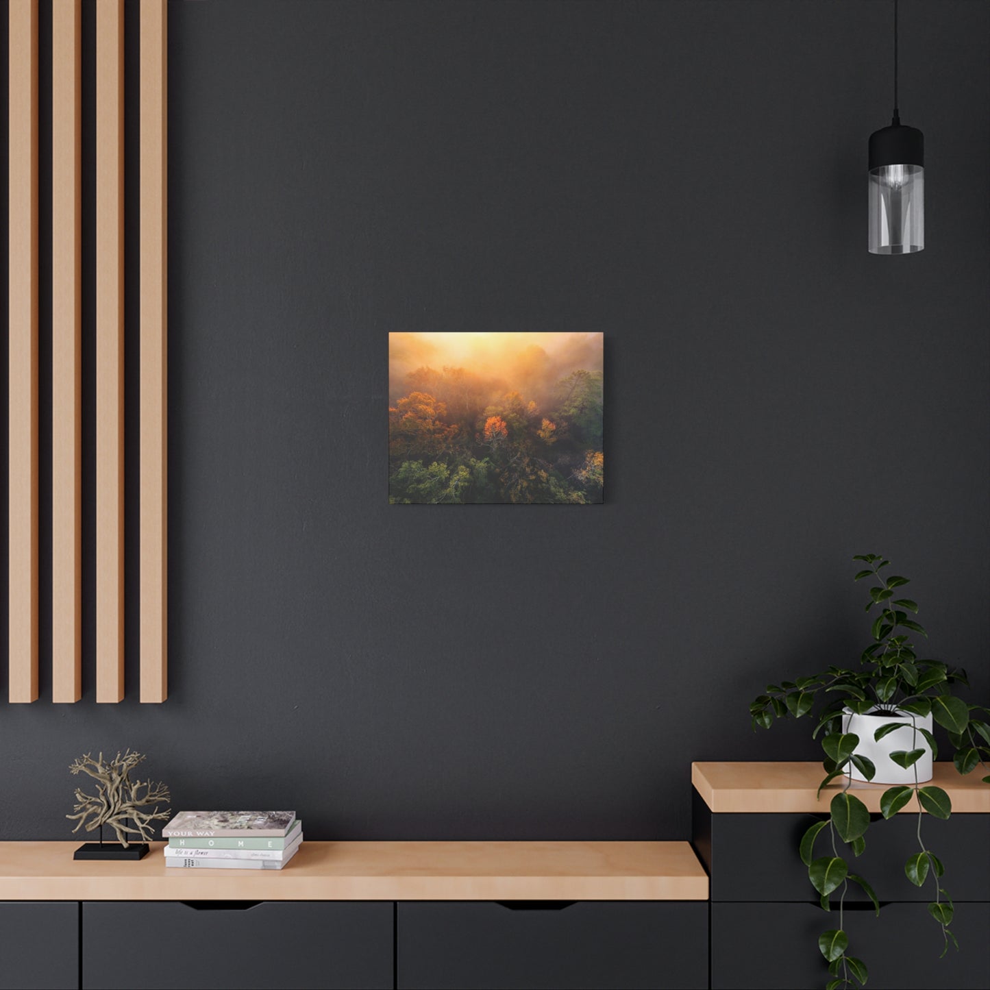 Autumn Sunrise Forest Canvas – Misty Fall Landscape Wall Art (Matte Stretched)