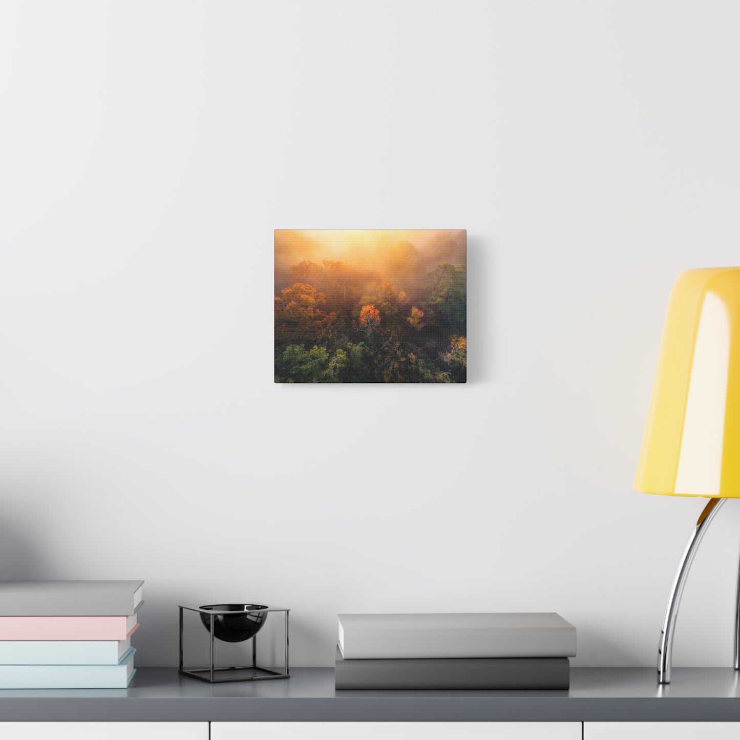 Autumn Sunrise Forest Canvas – Misty Fall Landscape Wall Art (Matte Stretched)