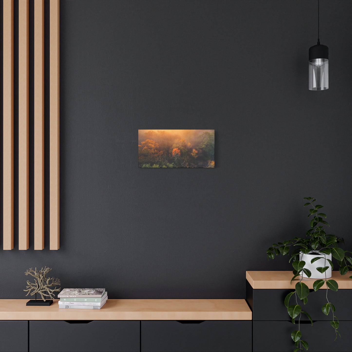 Autumn Sunrise Forest Canvas – Misty Fall Landscape Wall Art (Matte Stretched)