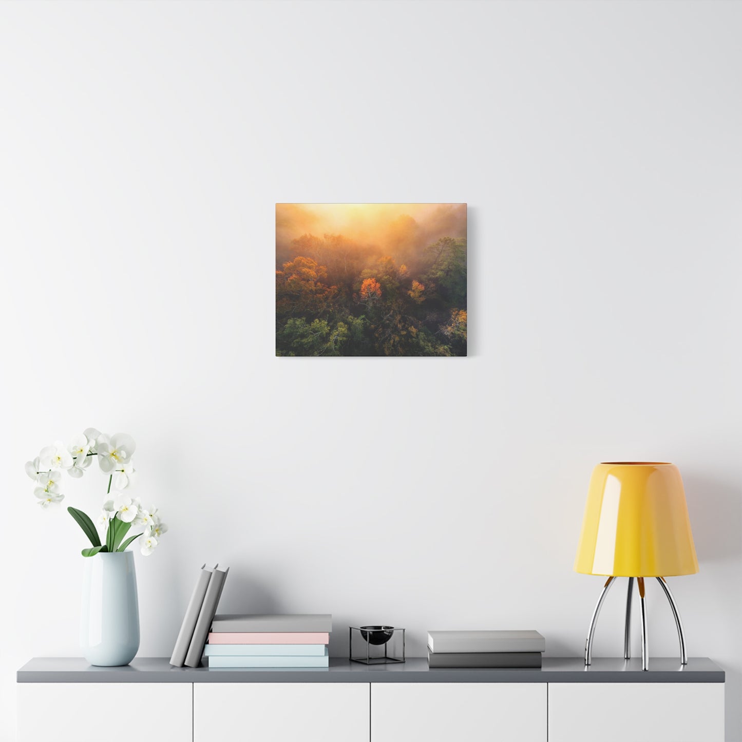 Autumn Sunrise Forest Canvas – Misty Fall Landscape Wall Art (Matte Stretched)